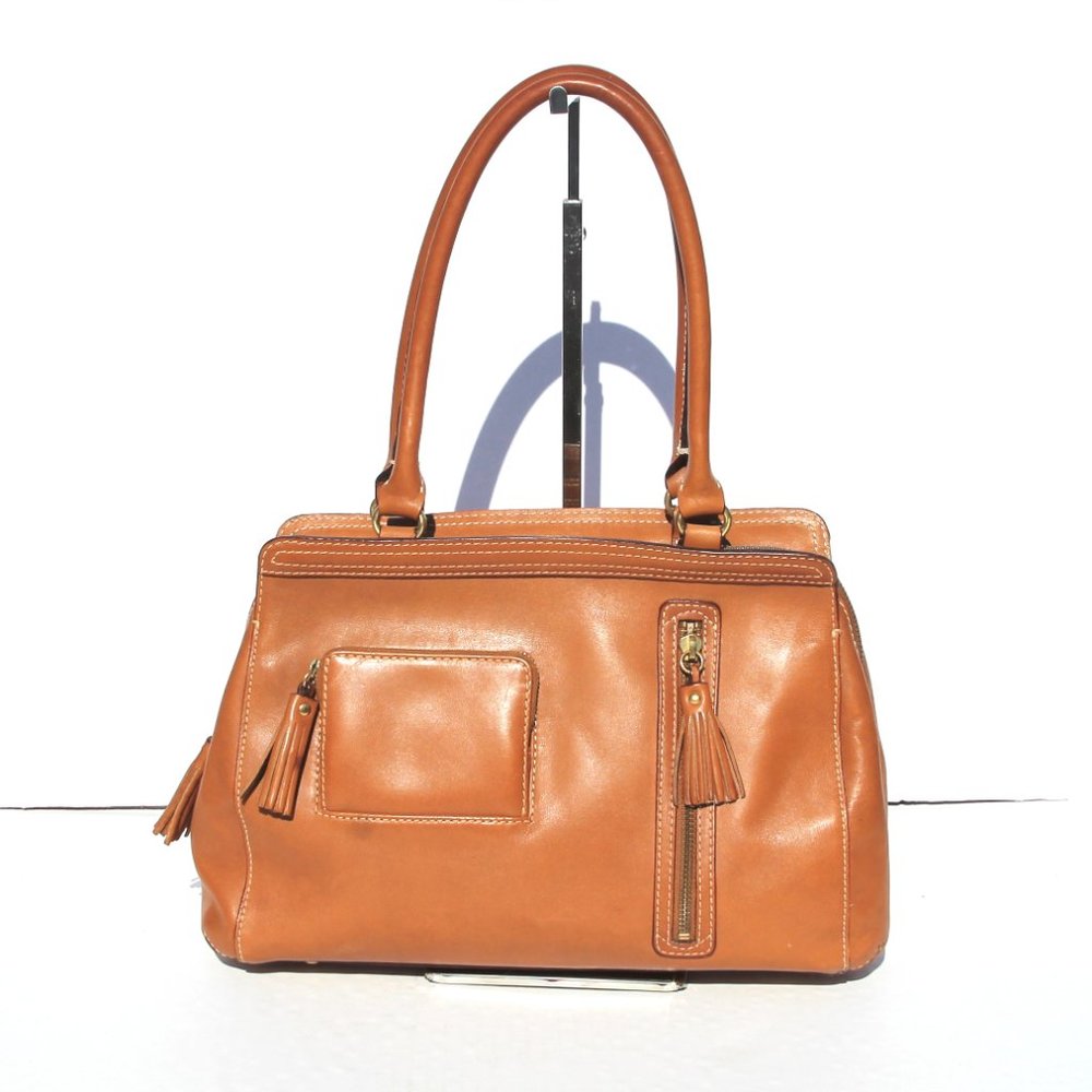 FORTH & TOWNE Leather Satchel Saddle Brown w/Saddle Stitching & Tassels